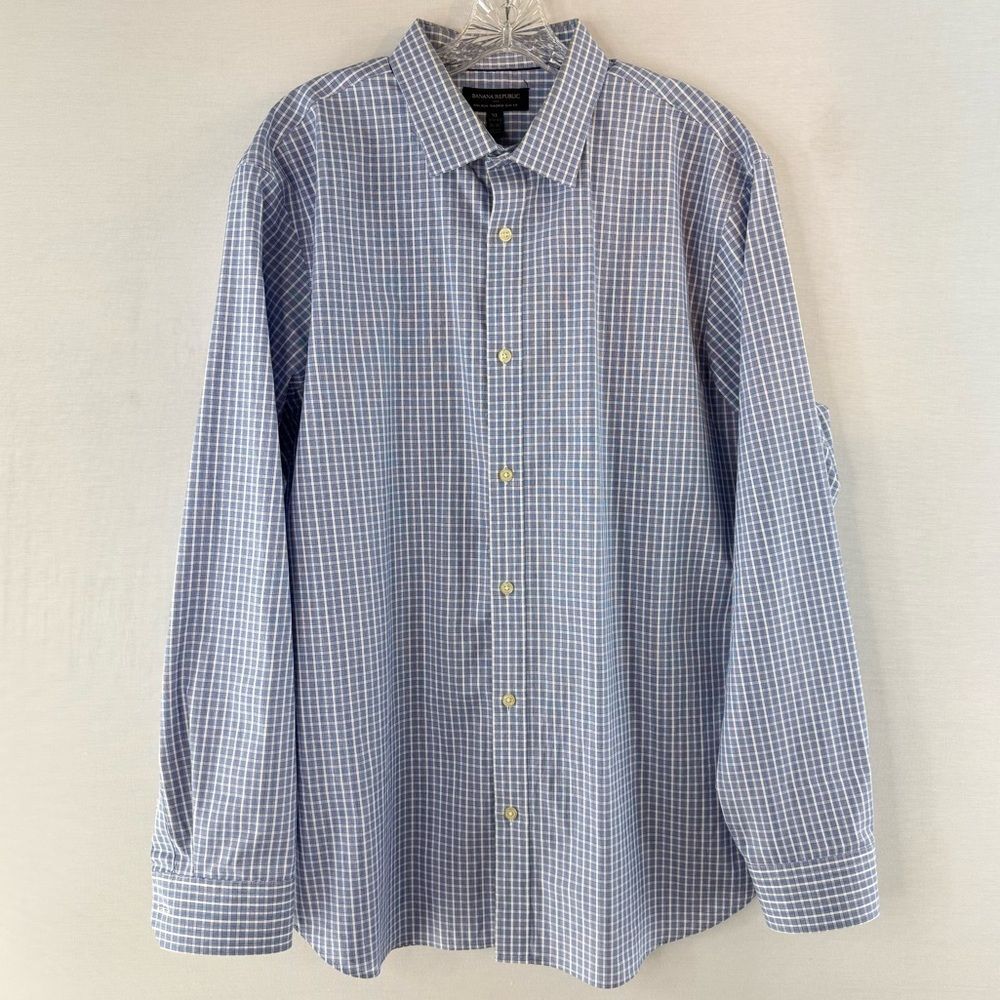 Banana Republic Blue Check Cotton No-Iron Slim Fit Button Down Shirt